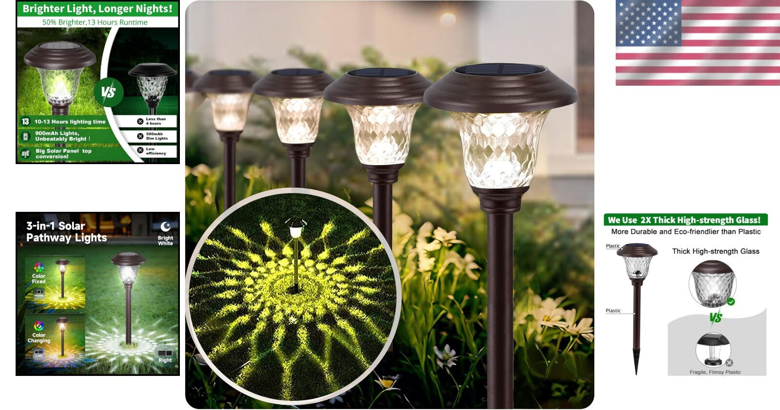 Elegant 8 Pack Solar Pathway Lights - Waterproof Glass, Color Changing Modes