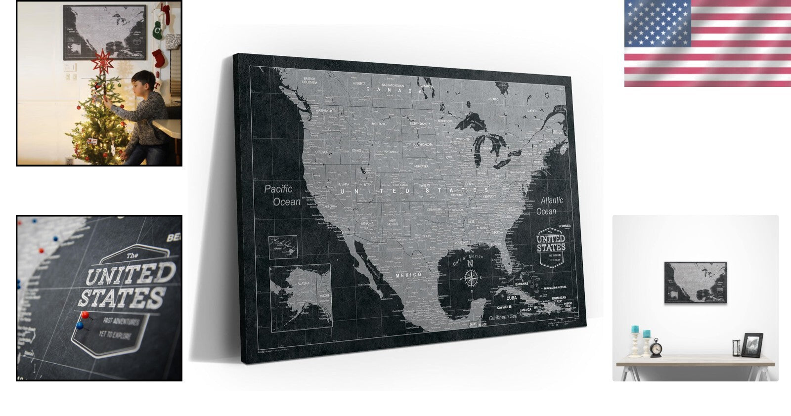 24" x 16" Modern Slate Travel Map Board with Push Pins - Handmade in Ohio