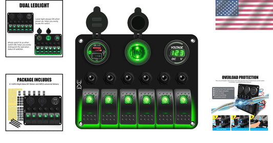 6 Gang Marine Rocker Switch Panel with QC3.0 USB & Voltage Reader - Sleek Design