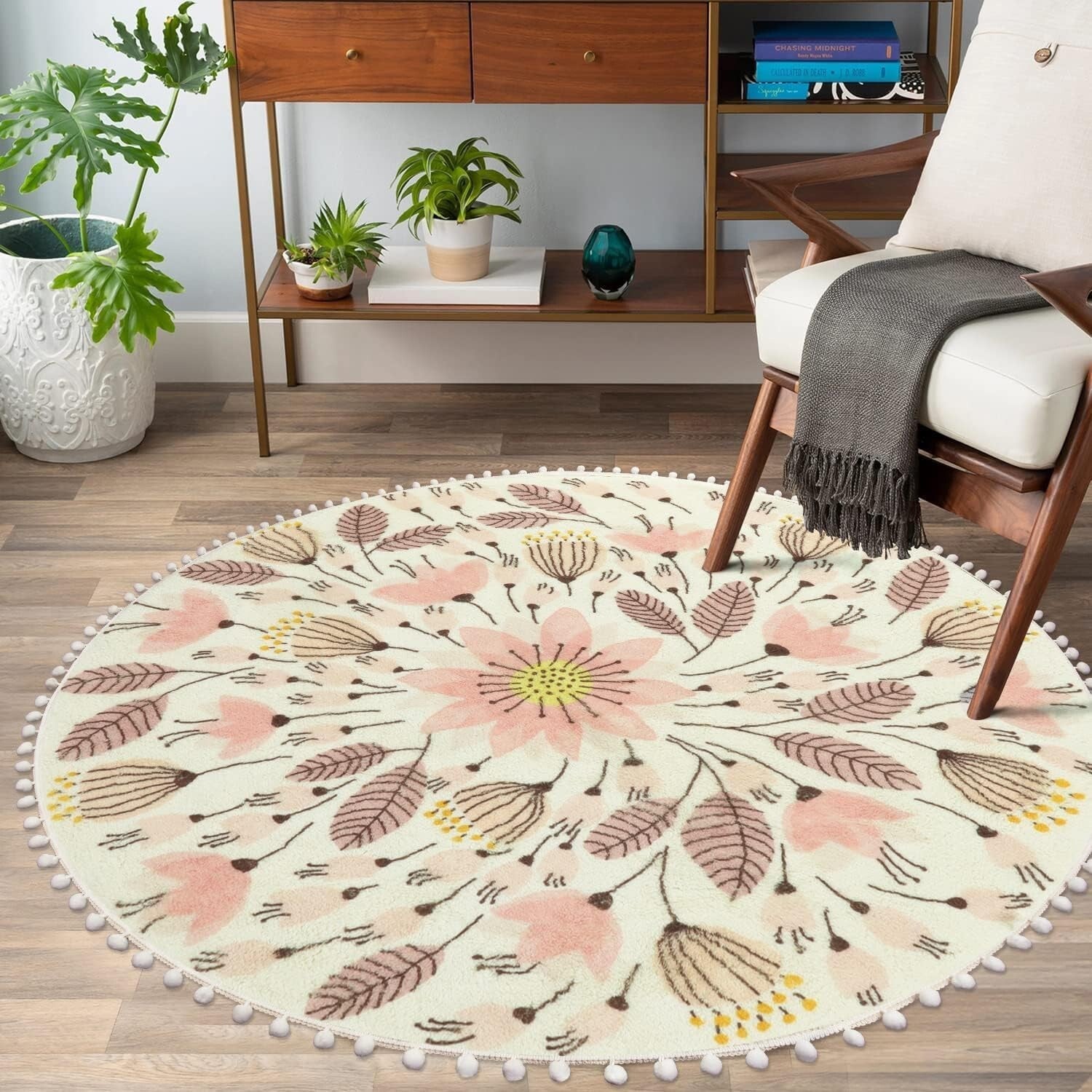 Charming 5.3' Circle Pom Pom Rug - Cozy Non-Slip Floor Mat for Nursery & More