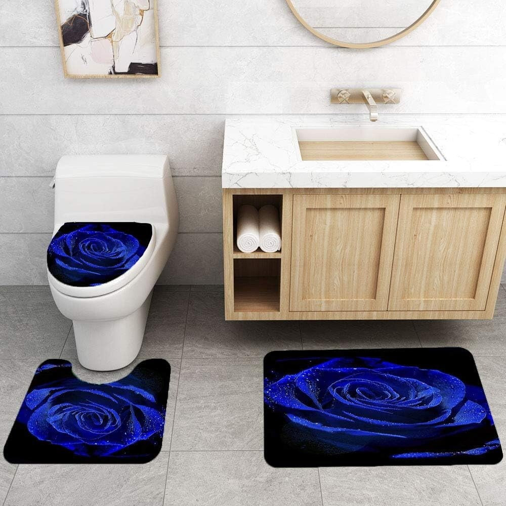 Elegant 4-Piece Floral Shower Curtain Set with Non-Slip Bath Mats - Blue