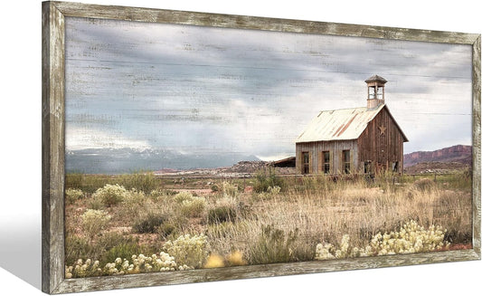 Country View Wall Art: Elegant 24x12 Rustic Barn Framed Picture for Living Room