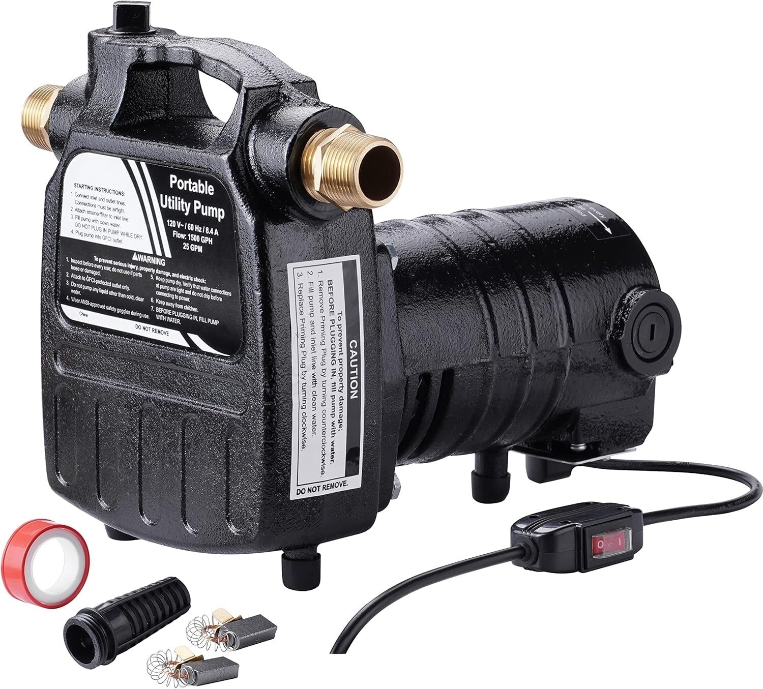 Portable 115V Utility Pump with ON/OFF Switch and Brass Connectors, 120ft Lift