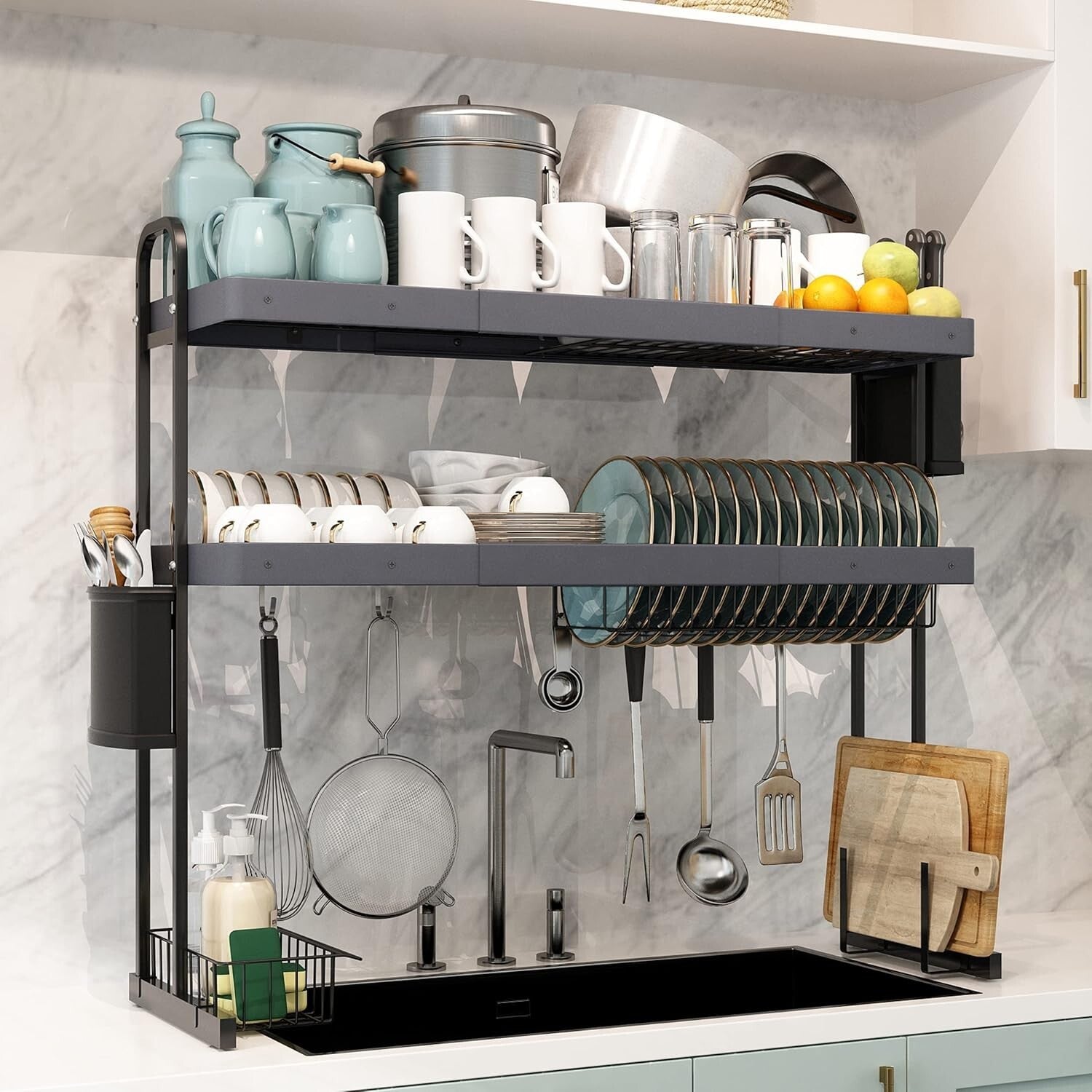 Adjustable Over Sink Dish Drying Rack - Stainless Steel 2-Tier Storage Solution