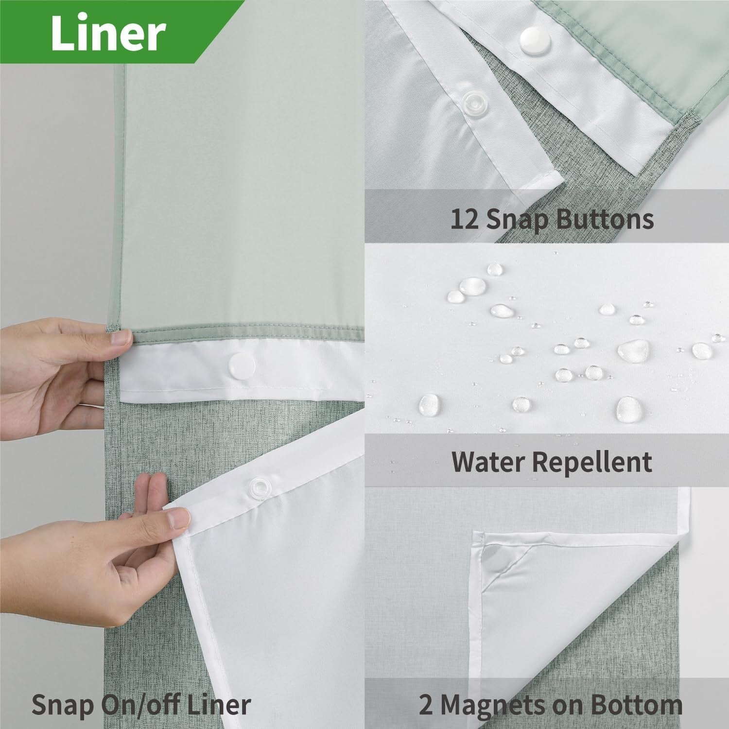 Luxurious Sage Green Shower Curtain with Linen Texture & Snap-In Liner 71x80