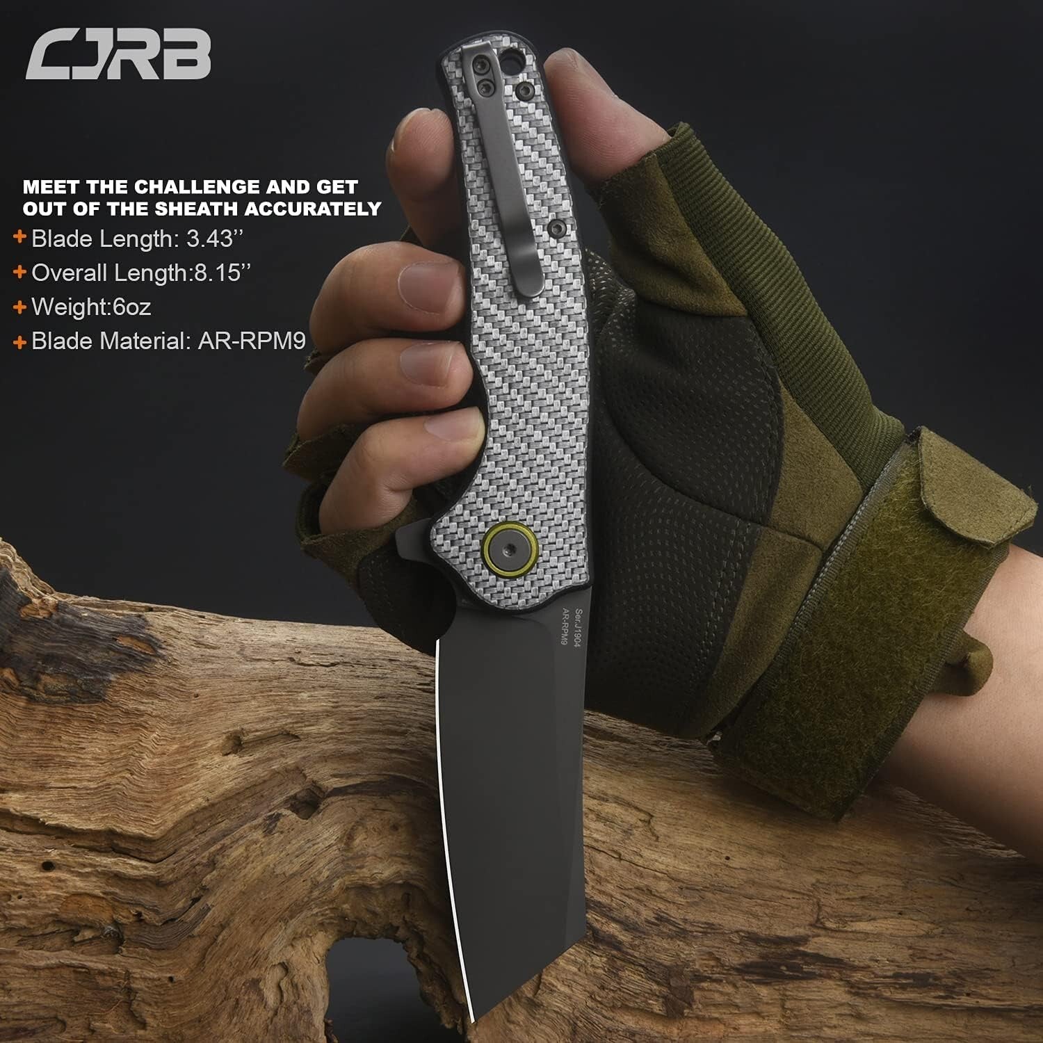 CJRB Crag Folding Pocket Knife with 3.43" AR Steel Blade & Carbon Fiber Handle
