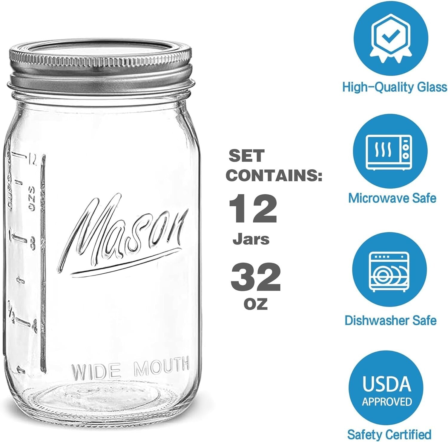 Durable Wide Mouth 32 oz Mason Jars - 12 Pack, Microwave & Dishwasher Safe