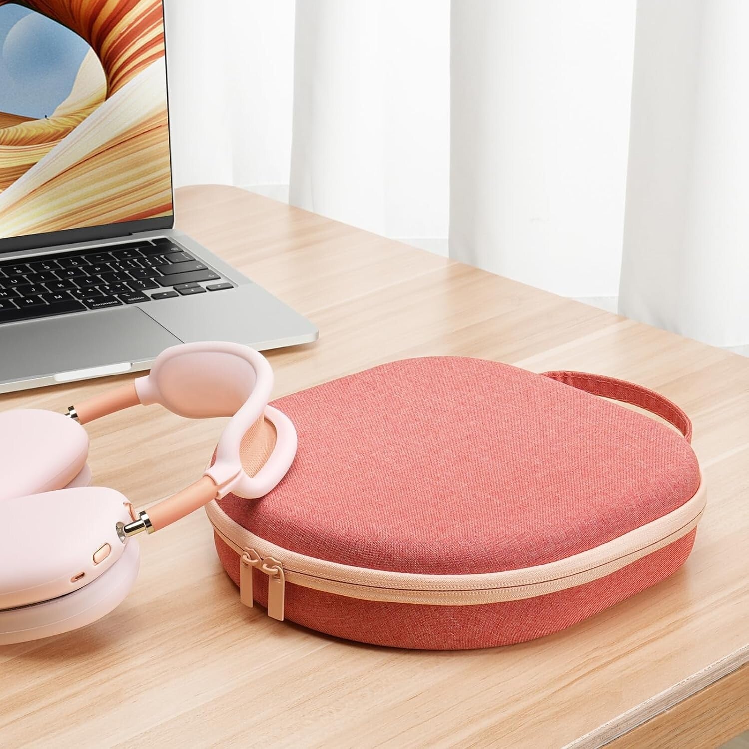 Elegant Coral Red AirPods Max Protection Case with Velvety Lining and Handle