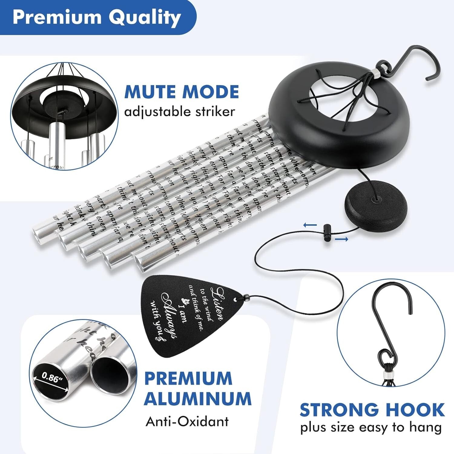 Deep Tone 36'' Sympathy Wind Chimes with Touching Poem - Lasting Memorial Gift