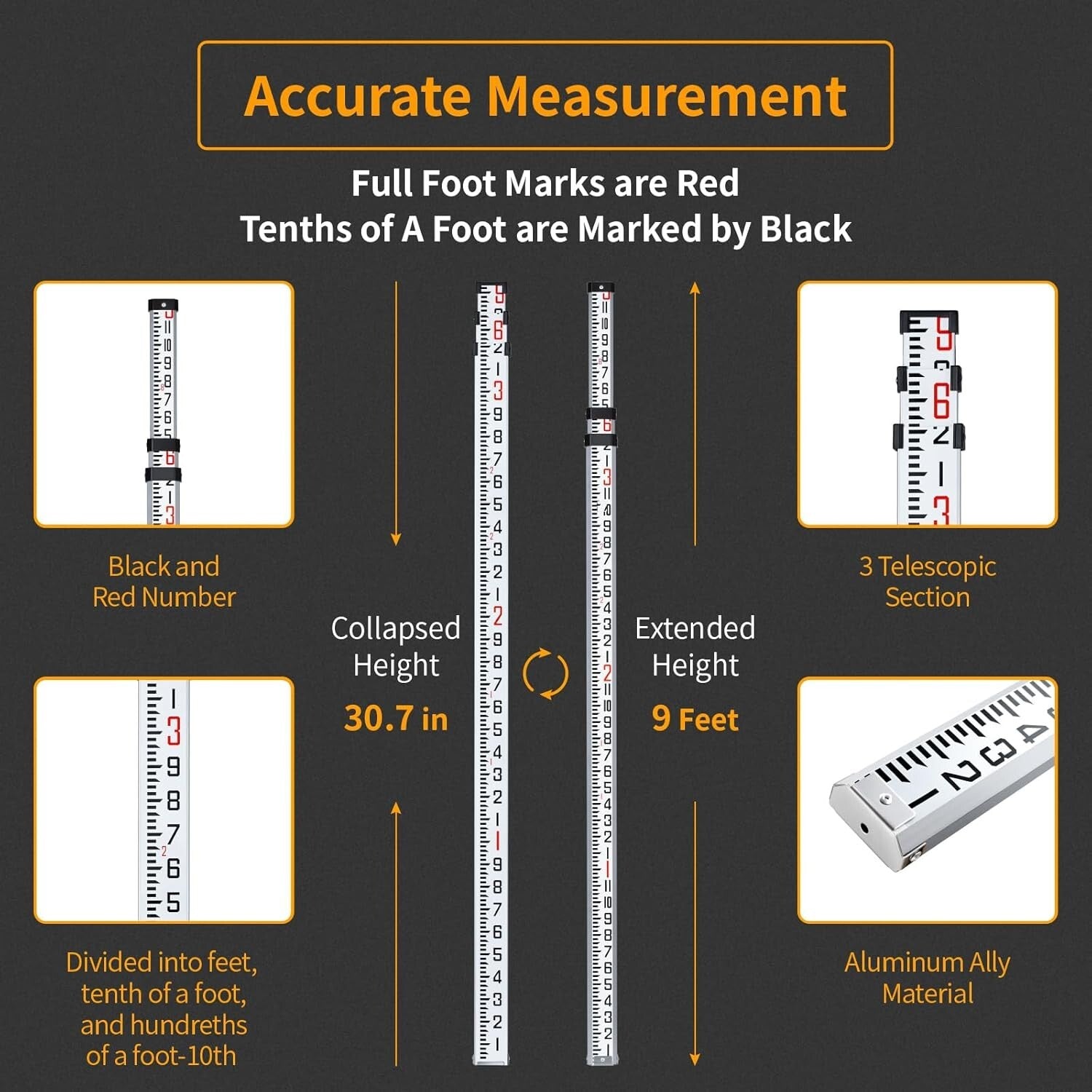 Lightweight 9-foot Survey Rod in Aluminum - Weather Resistant and Easy to Use