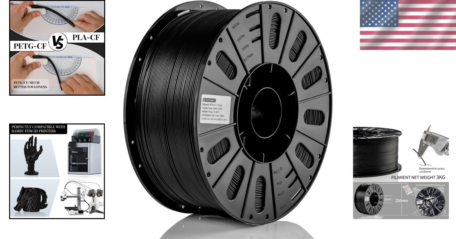 Premium 1.75mm PETG-CF Filament 3KG - Best for Bambu LAB and Creality Printers