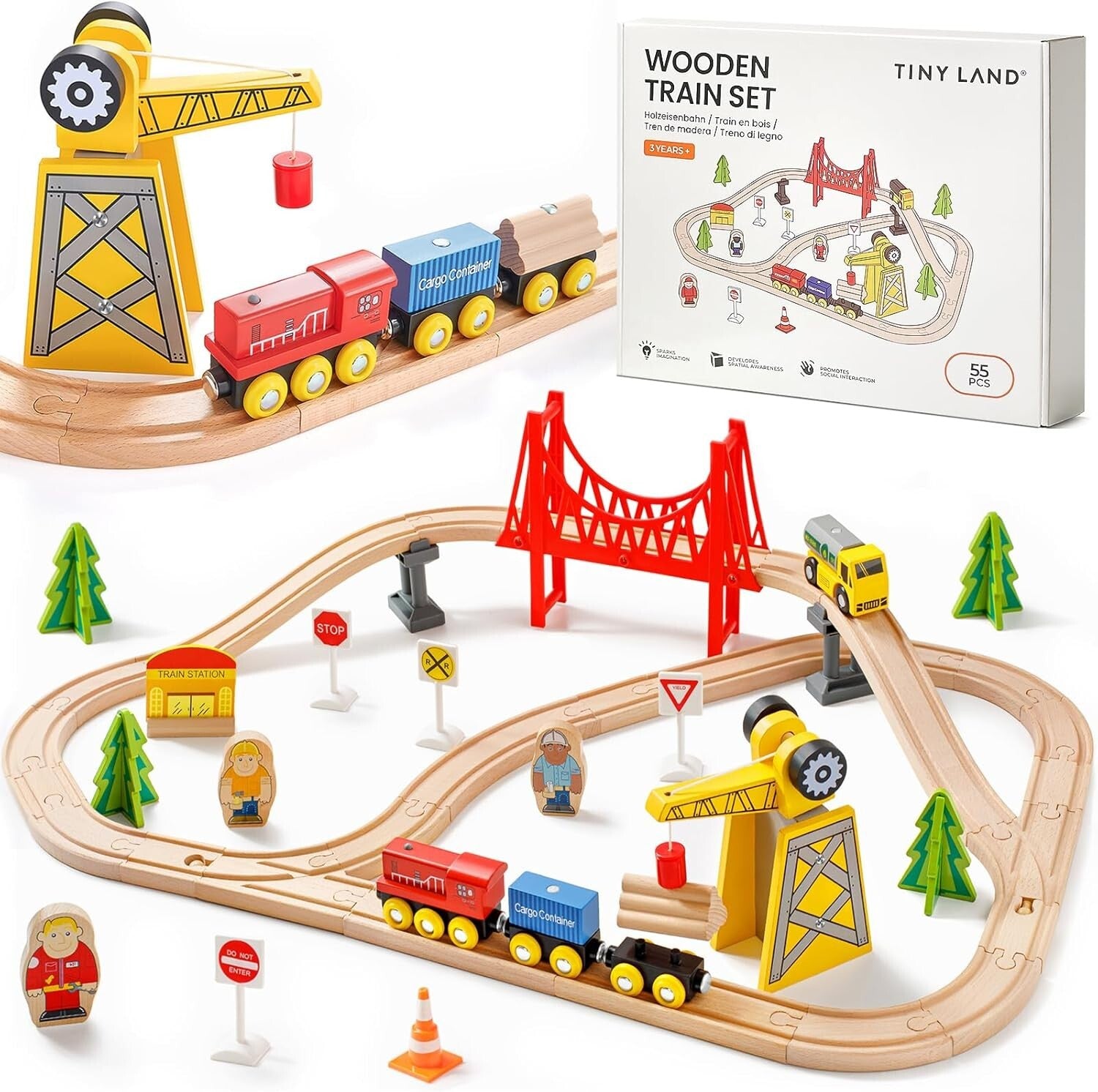 Educational Wooden Train Set with Crane - 55PCS for Toddlers & Kids