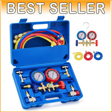 Load image into Gallery viewer, Comprehensive 5FT AC Manifold Gauge Kit with Color-Coded Hoses &amp; Adapters