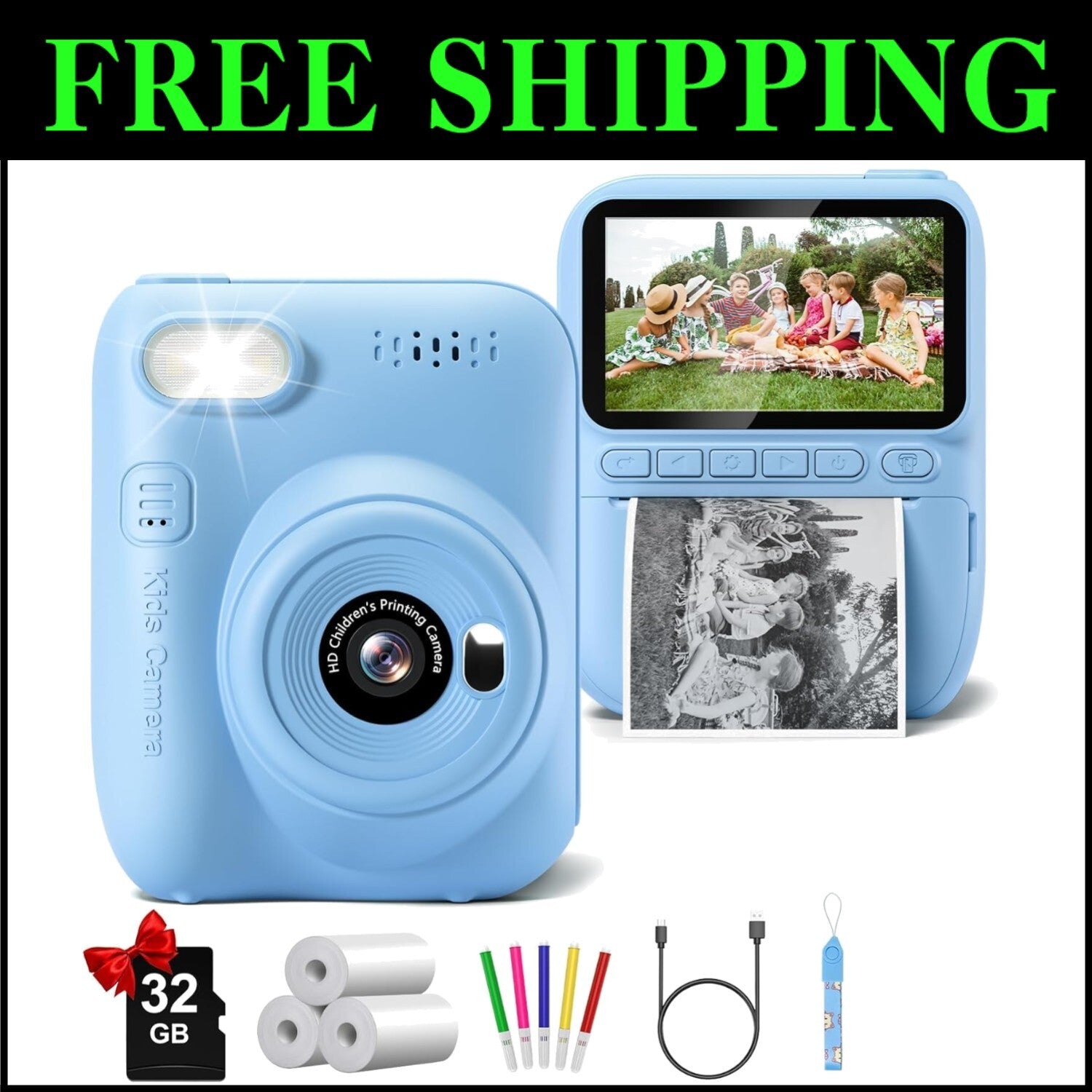 Exciting Instant Print Kids Camera with Built-in Flash & Color Pencils - Blue