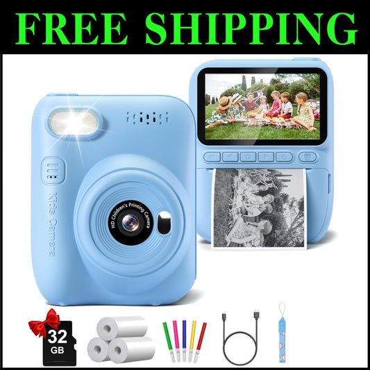 Exciting Instant Print Kids Camera with Built-in Flash & Color Pencils - Blue