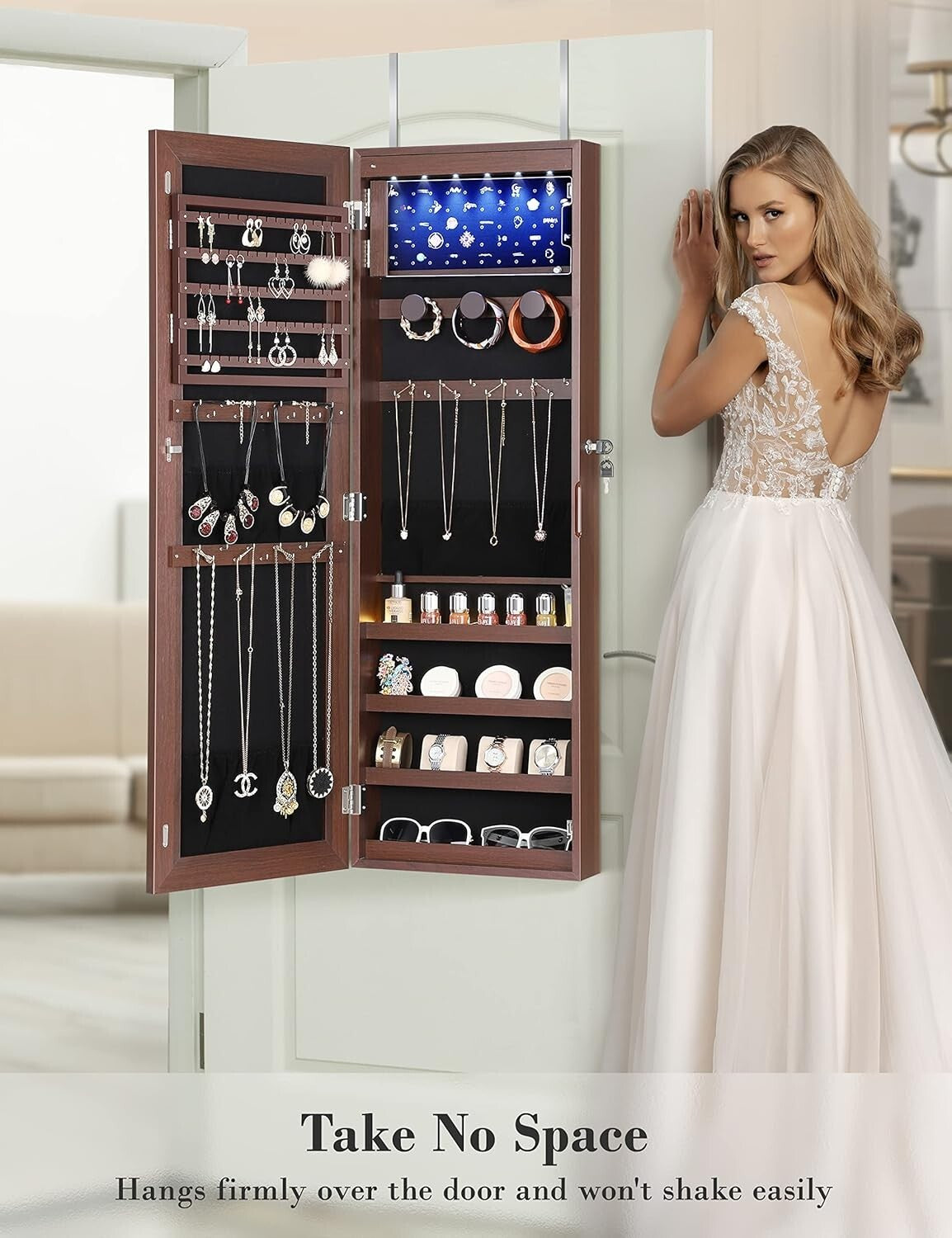 Stylish Brown LED Jewelry Organizer with Velvet Pockets - Perfect Christmas Gift