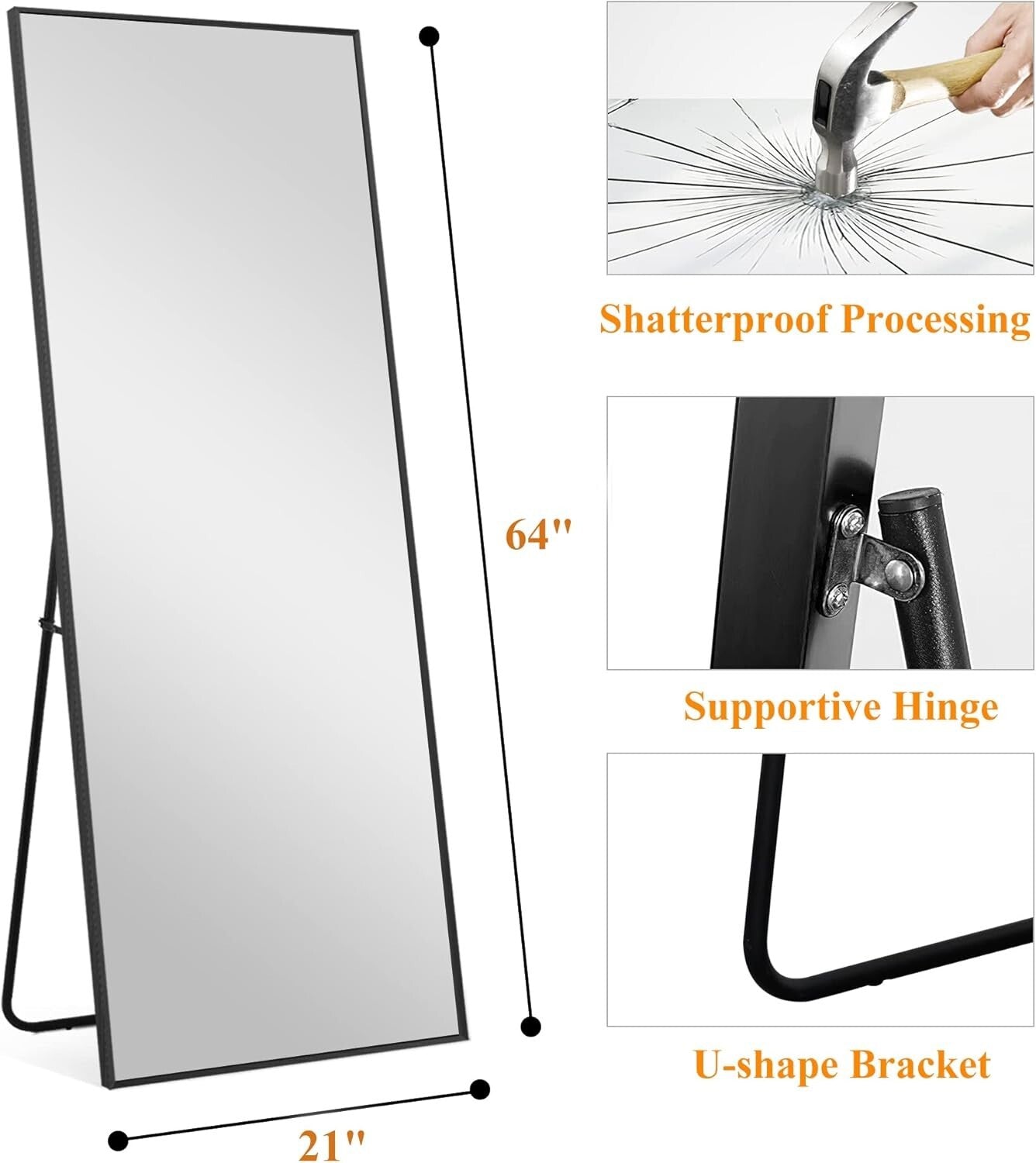 Versatile 64"x21" Full-Length Mirror - Leaning or Wall-Mounted Aluminum Beauty