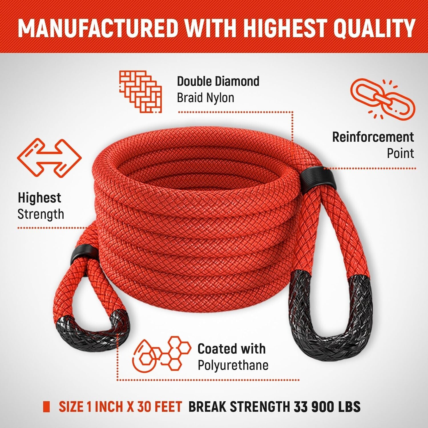 Firecracker Red Kinetic Recovery Rope 1" x 30' - Enhanced Strength & Durability