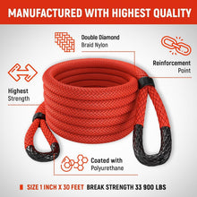 Load image into Gallery viewer, Firecracker Red Kinetic Recovery Rope 1" x 30' - Enhanced Strength &amp; Durability