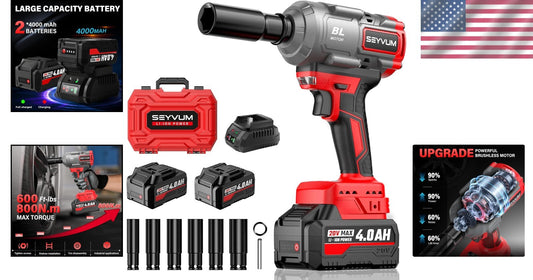 2 x 4.0Ah Battery Cordless Impact Wrench - 1/2” 800N.m Torque and Fast Charger