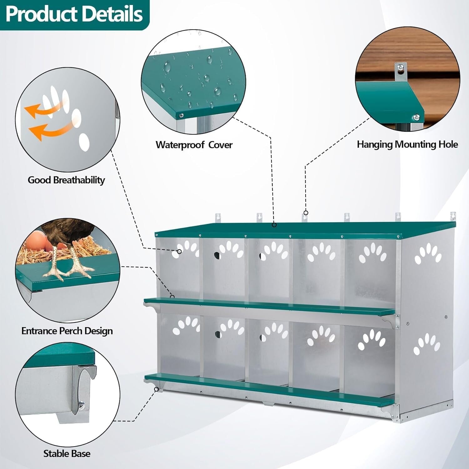 Spacious Metal Chicken Nesting Box with 10 Compartments and Ventilation