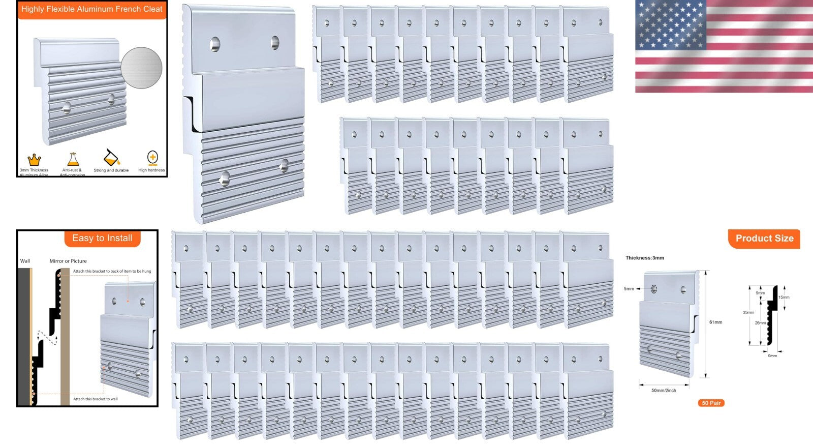 Durable 50 Pair French Cleat Hanger - Supports Up to 50 lbs, Easy Installation