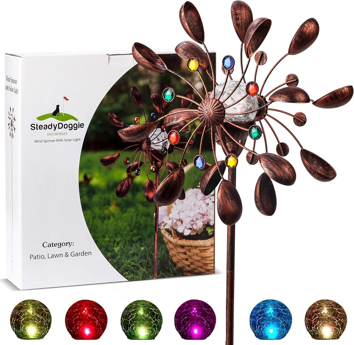 Bronze Solar Wind Spinner - 75-Inch Kinetic Sculpture with Color-Changing LED