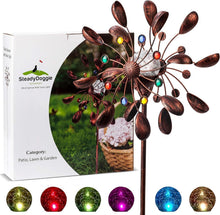 Load image into Gallery viewer, Bronze Solar Wind Spinner - 75-Inch Kinetic Sculpture with Color-Changing LED