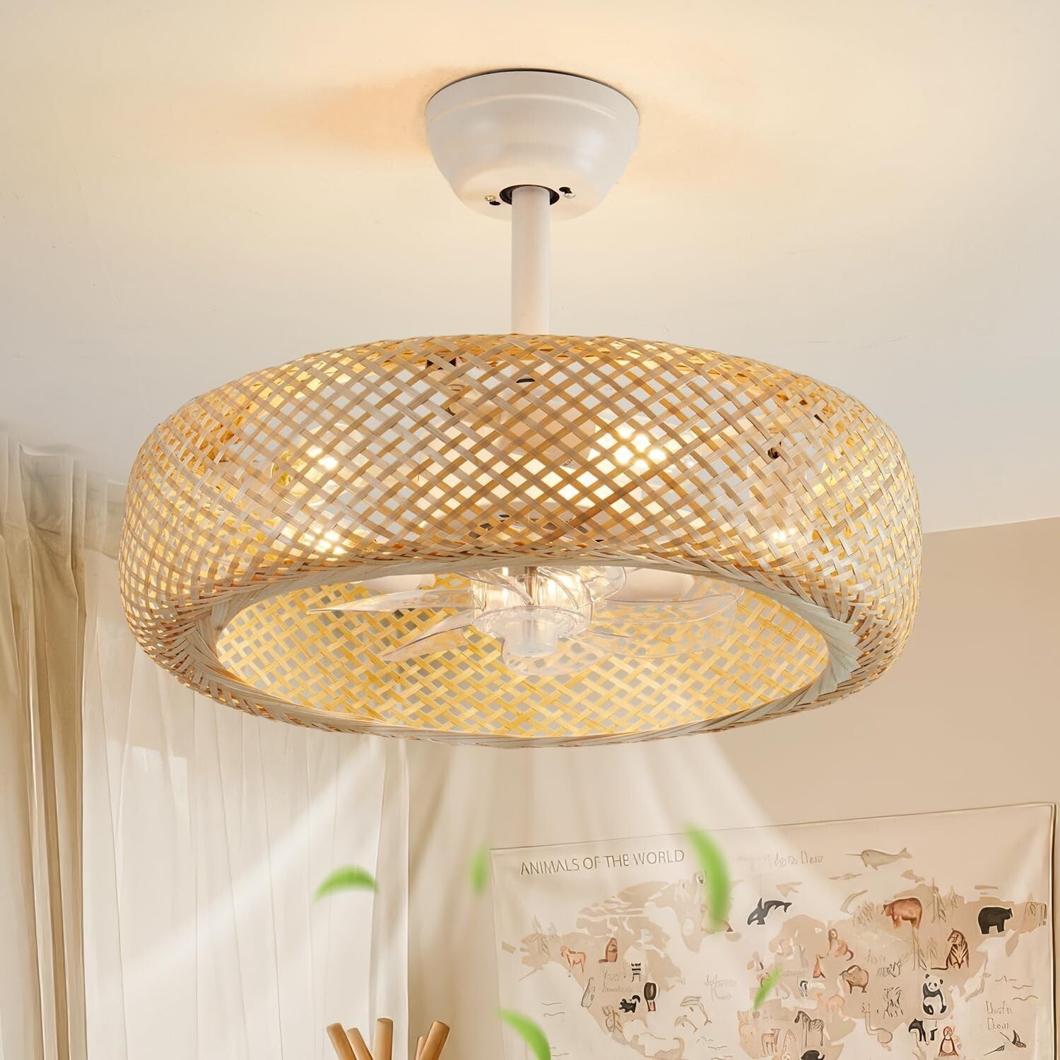 Stylish 20" Boho Rattan Caged Ceiling Fan with Remote Control - Flush Mount