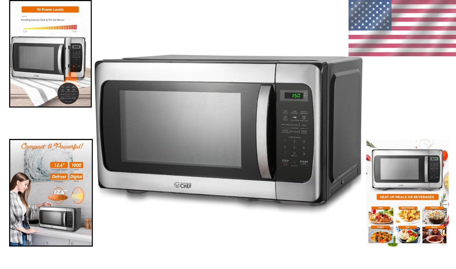 Compact countertop Microwave with Push Button Lock & 1000W Power - 1.1 Cu Ft