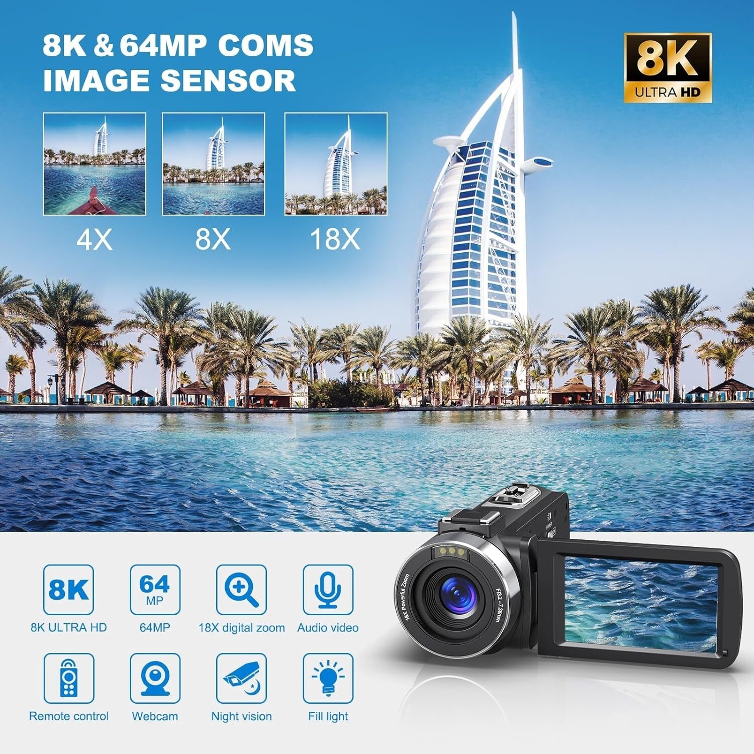 All-in-One 8K Video Camera with Remote Control, Night Vision & 32GB SD Card