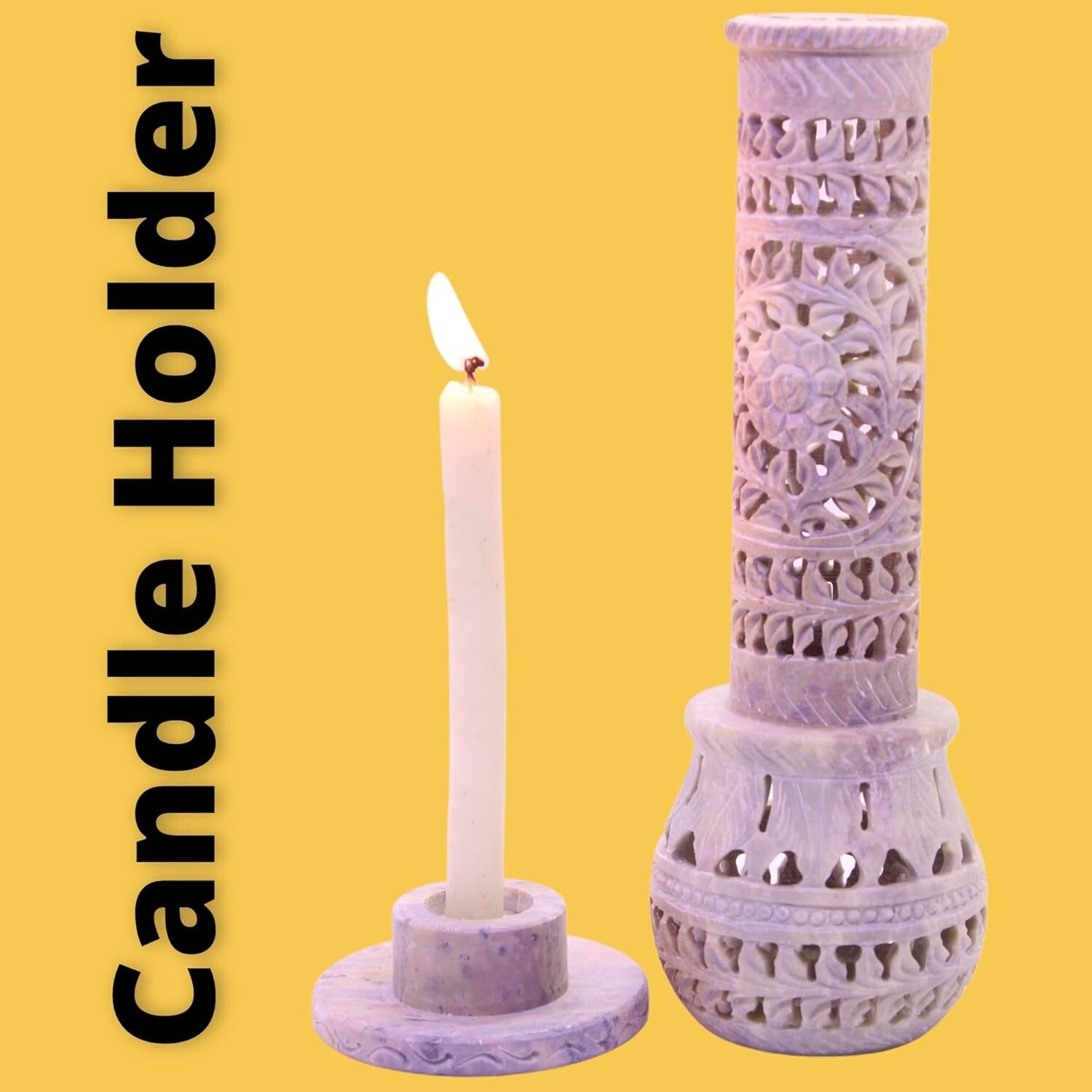 Intricate Floral Carved Soapstone Incense Tower & Tea Light Stand for Gifting