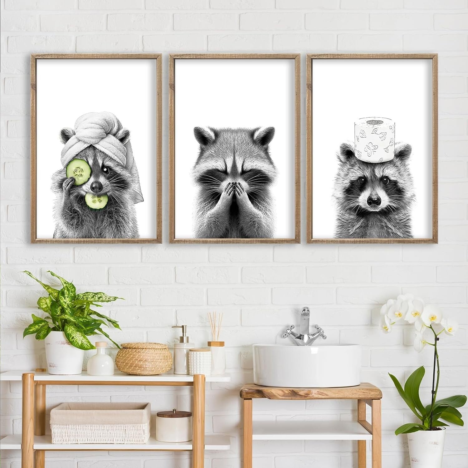 Rustic Farmhouse Raccoon Wall Art Set of 3 - Perfect for Modern Bathrooms