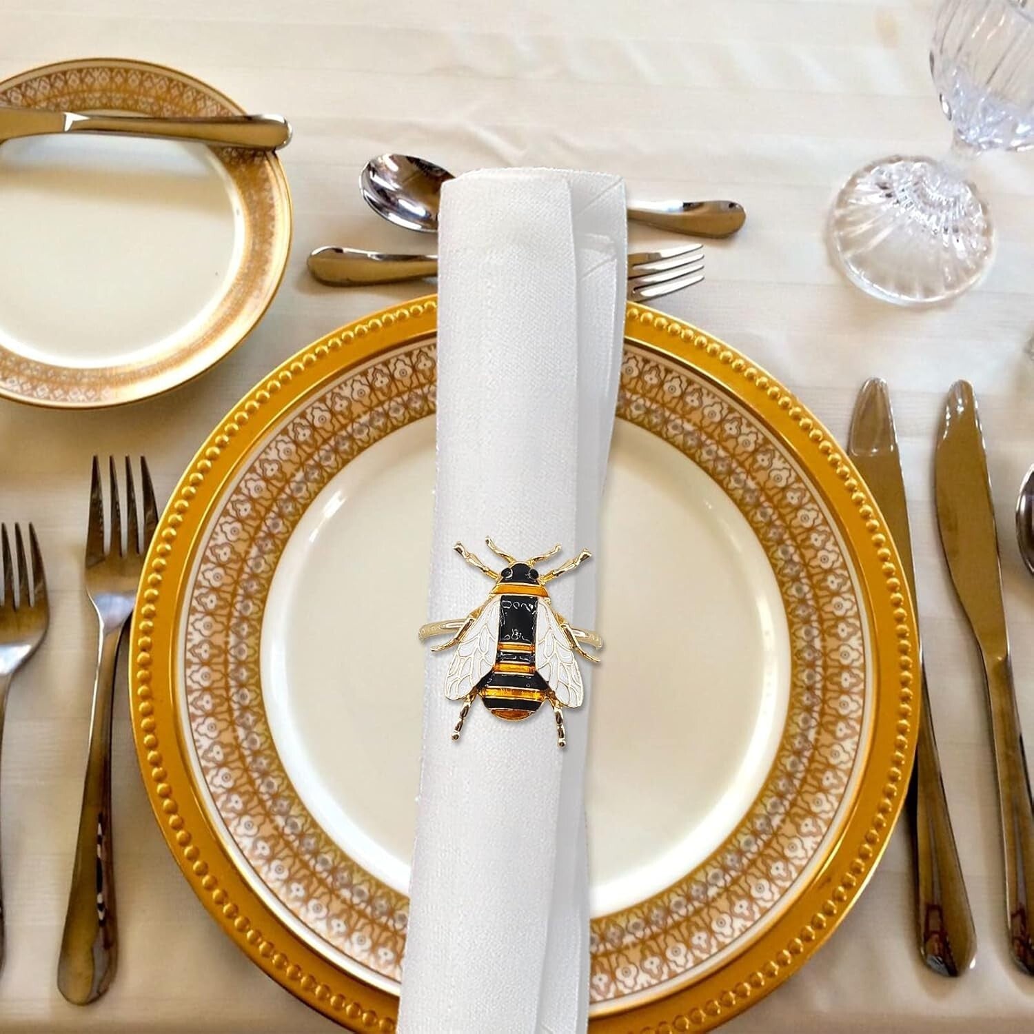 Set of 12 Gold Bee Napkin Rings - Soft Enamel Metal Holders for Elegant Dining