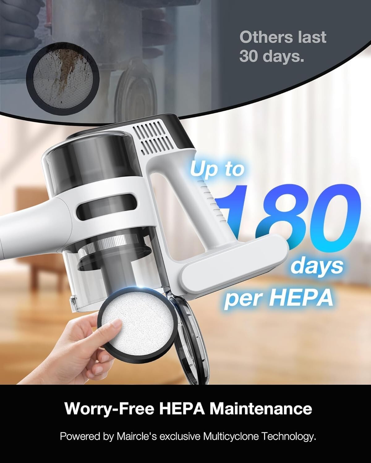 Rechargeable Cordless Stick Vacuum Cleaner for Carpets & Hard Floors, 55 Min Run