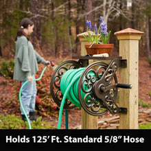 Load image into Gallery viewer, Compact Wall-Mounted Bronze Garden Hose Reel - Includes Tool Shelf &amp; Leader Hose