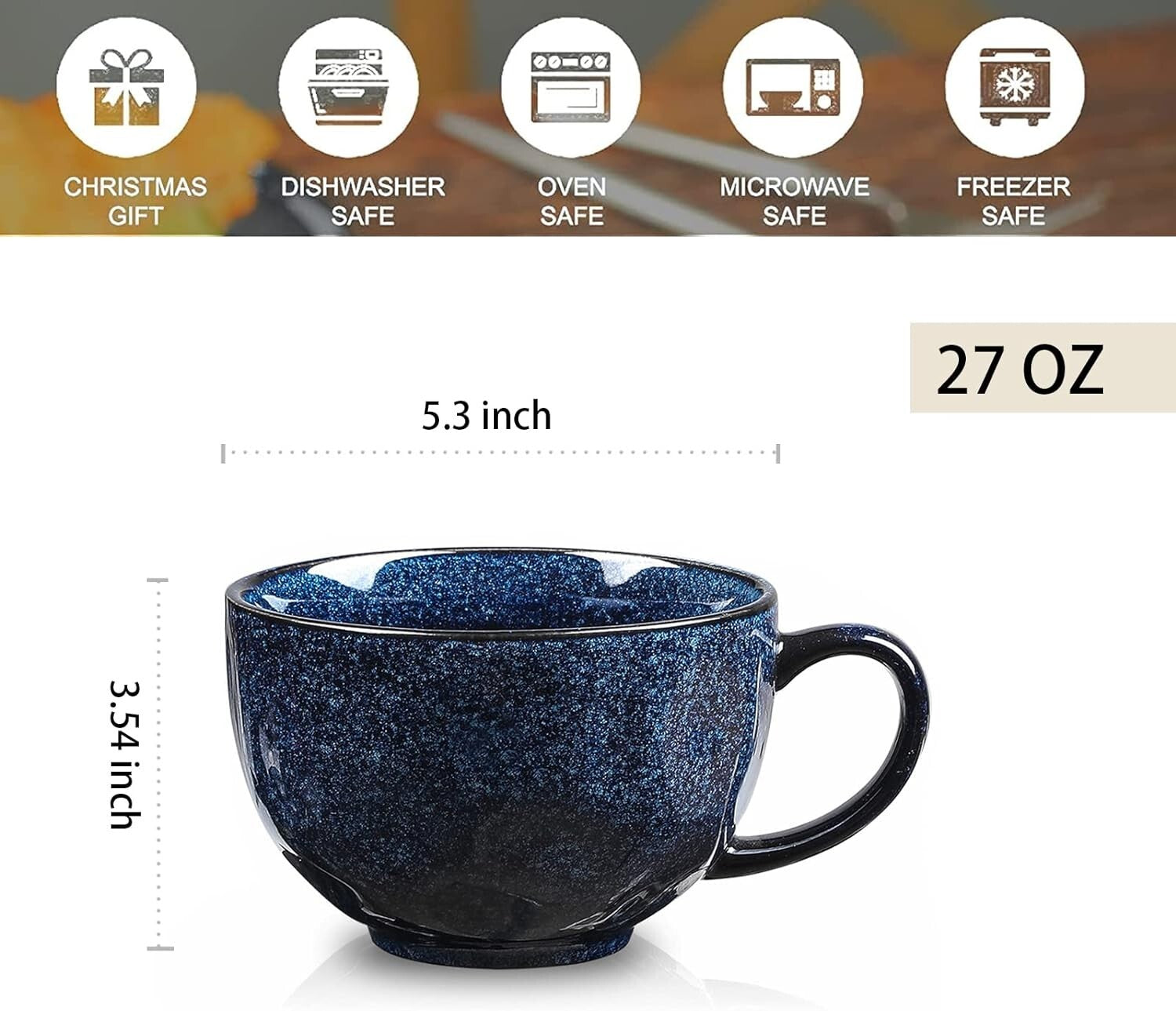 Elegant Blue Porcelain Jumbo Coffee Mugs - 4 Piece Set for Soups and Oatmeal