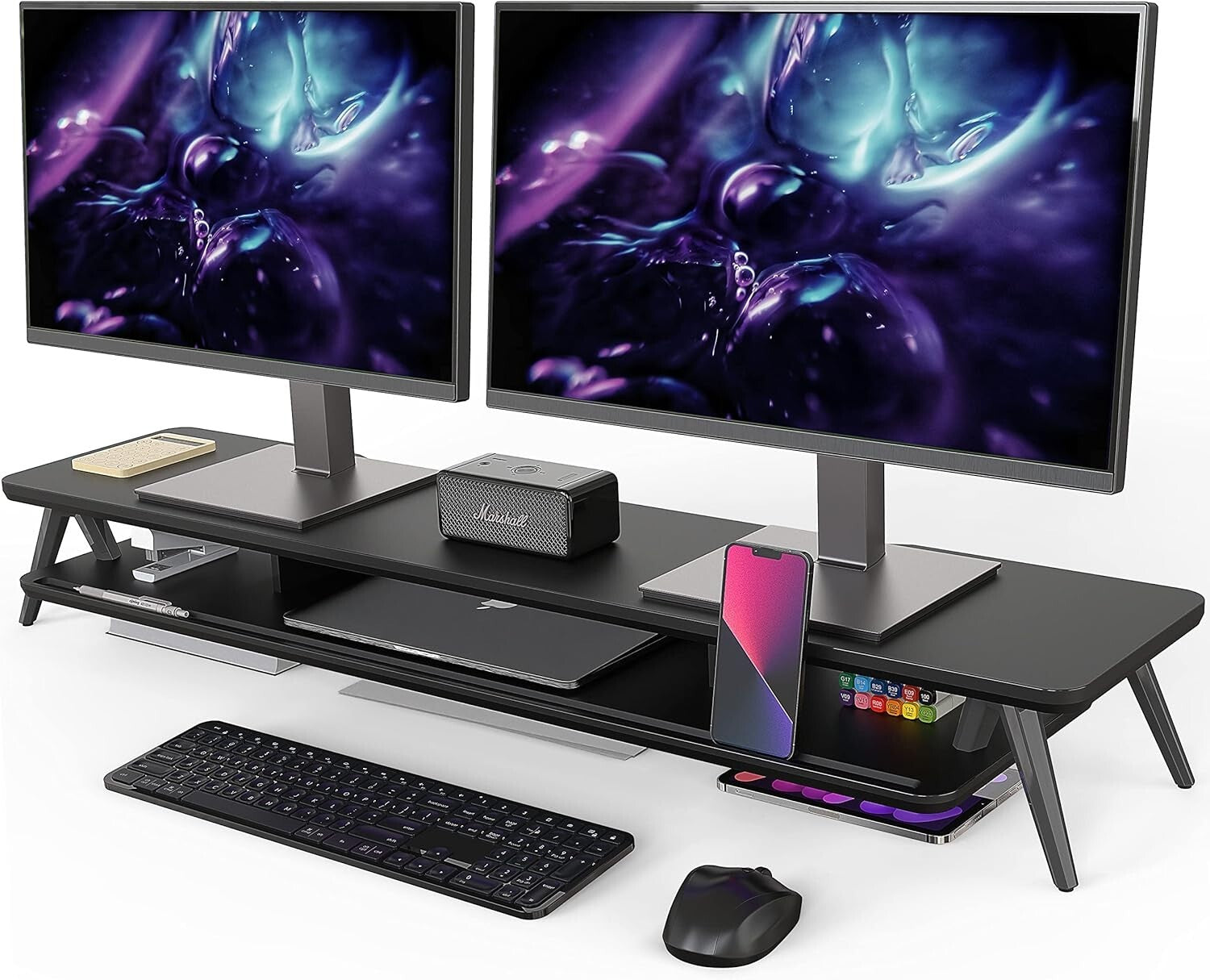 42.5 Inch Ergonomic Dual Monitor Riser - Stylish Desktop Organizer with Storage