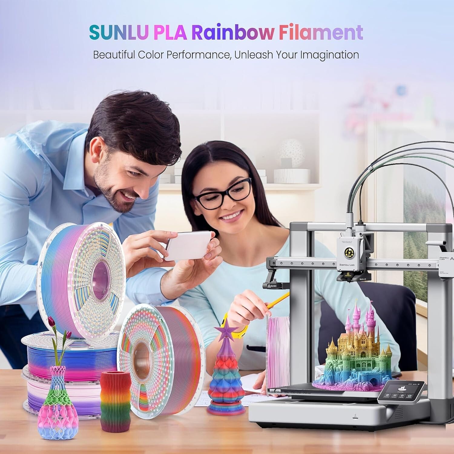 Easy-to-Use Rainbow PLA Filament 4 Pack - Gradient Colors 1.75mm, Vacuum Packed