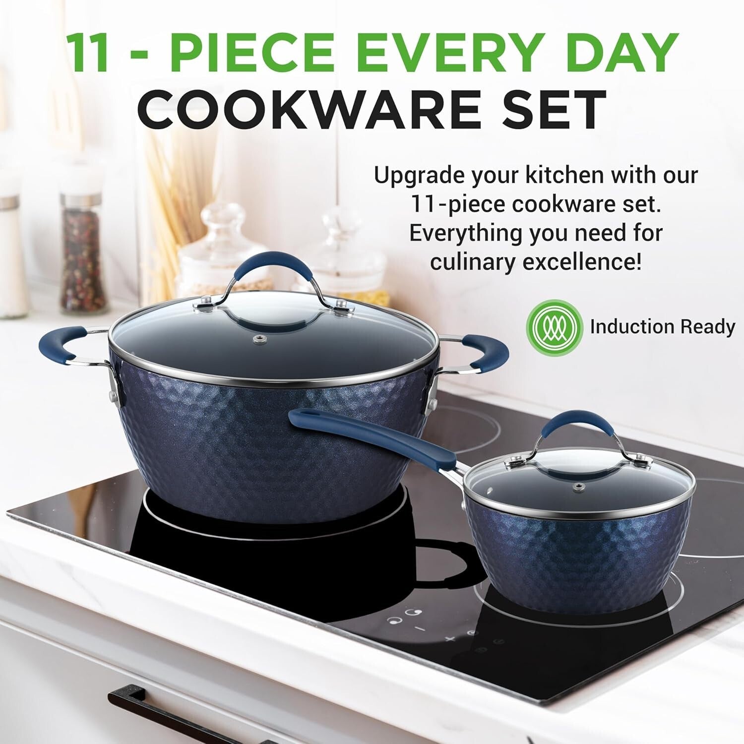 Durable 11-Piece Nonstick Cookware Set with Tempered Glass Lids and Utensils
