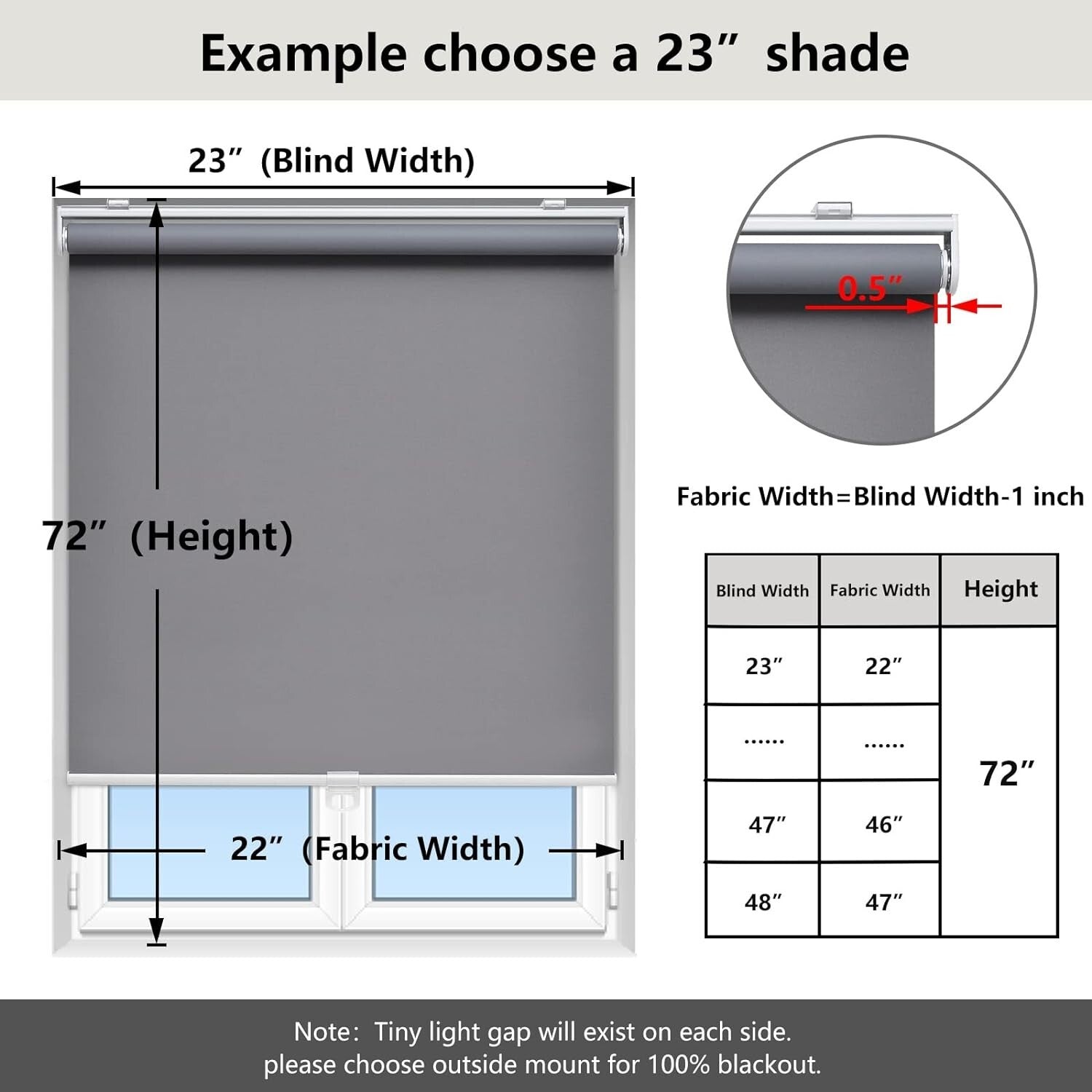 Grey Blackout Roller Blinds 35" W x 72" H - UV Protection & Thermal Insulation