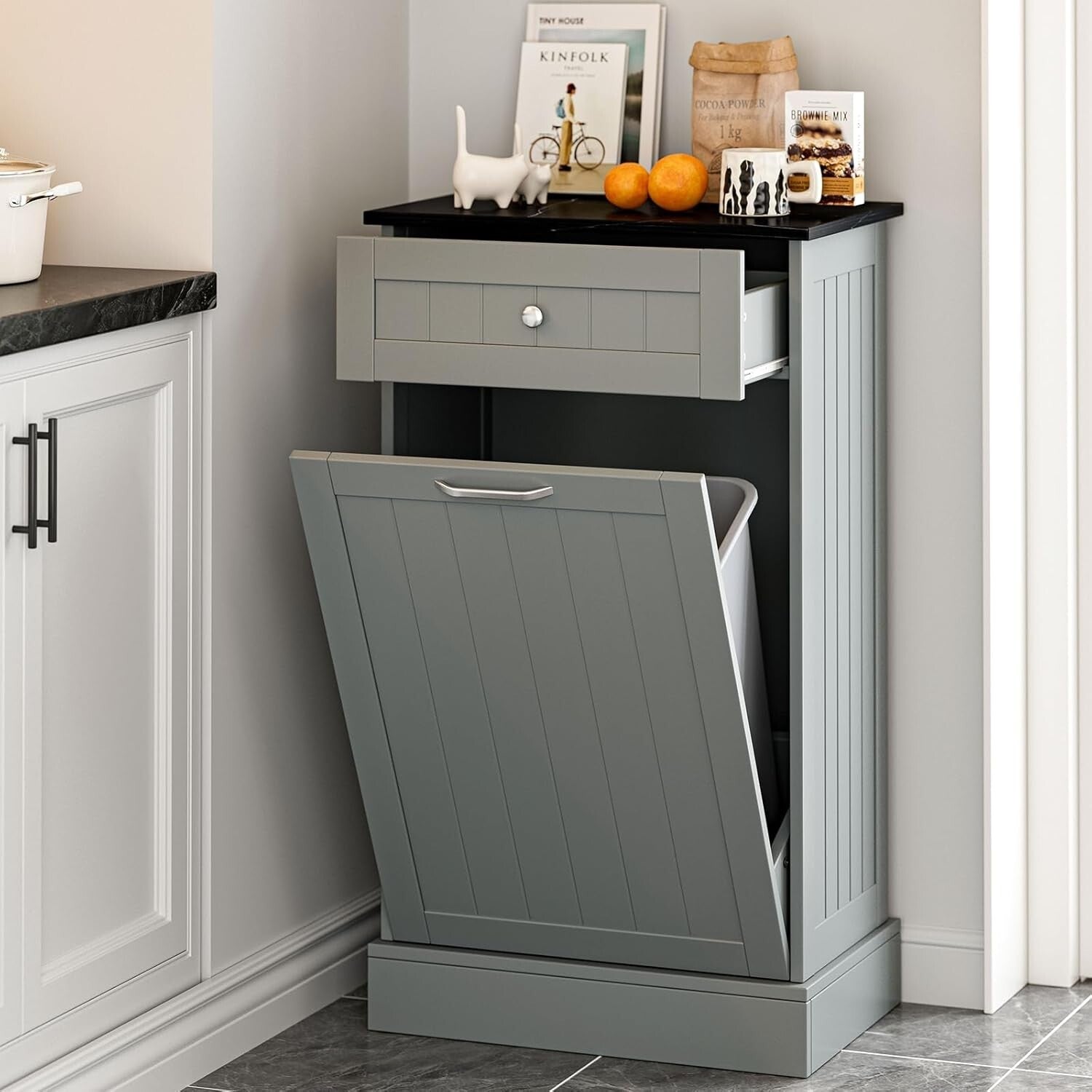 Elegant 10-Gallon Freestanding Wood Recycling Storage & Trash Cabinet in Gray