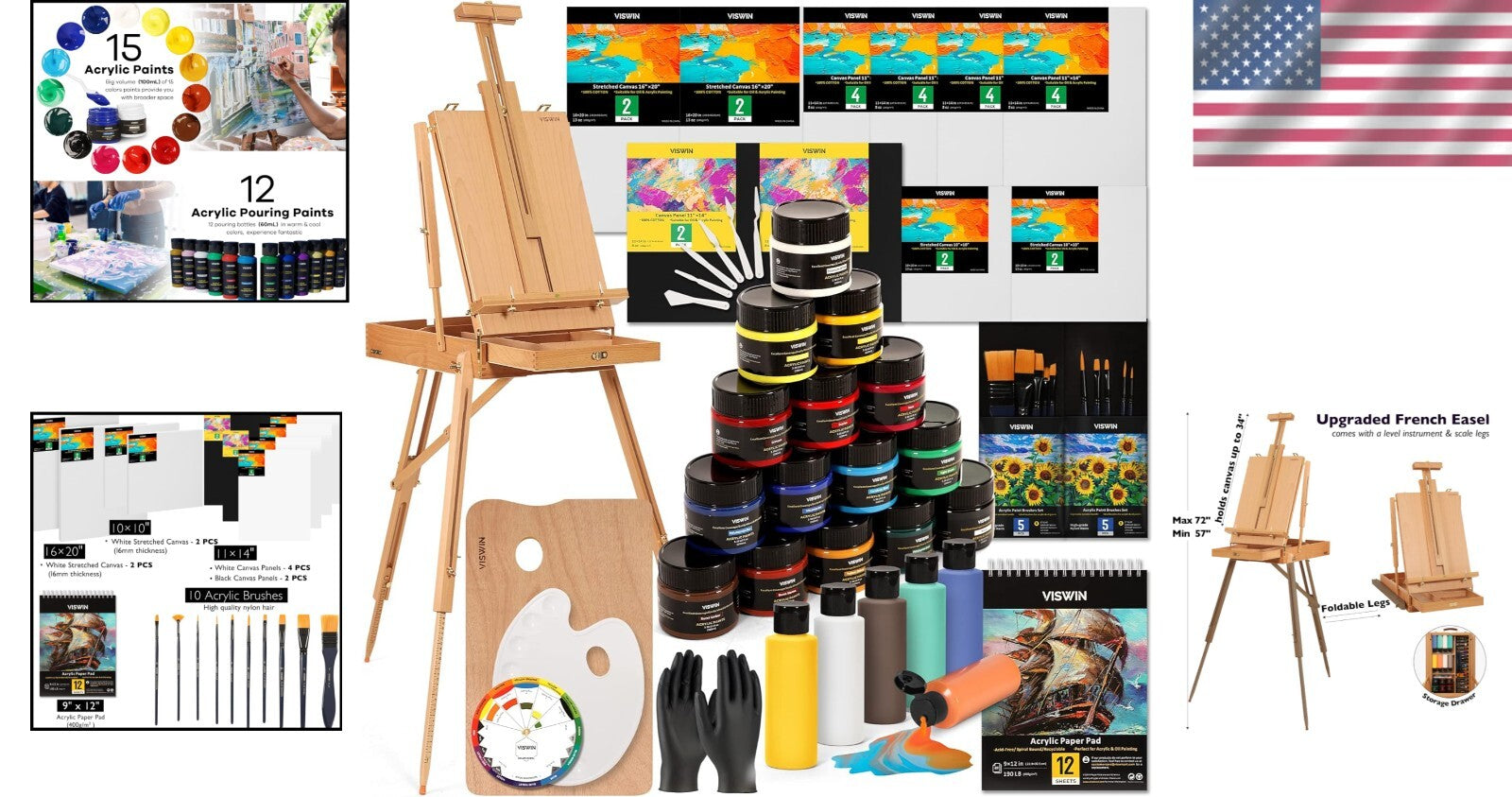 All-In-One French Easel Painting Kit - 15 Acrylics, Brushes, and Canvas Included