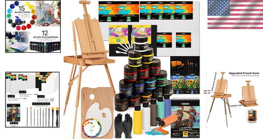 All-In-One French Easel Painting Kit - 15 Acrylics, Brushes, and Canvas Included