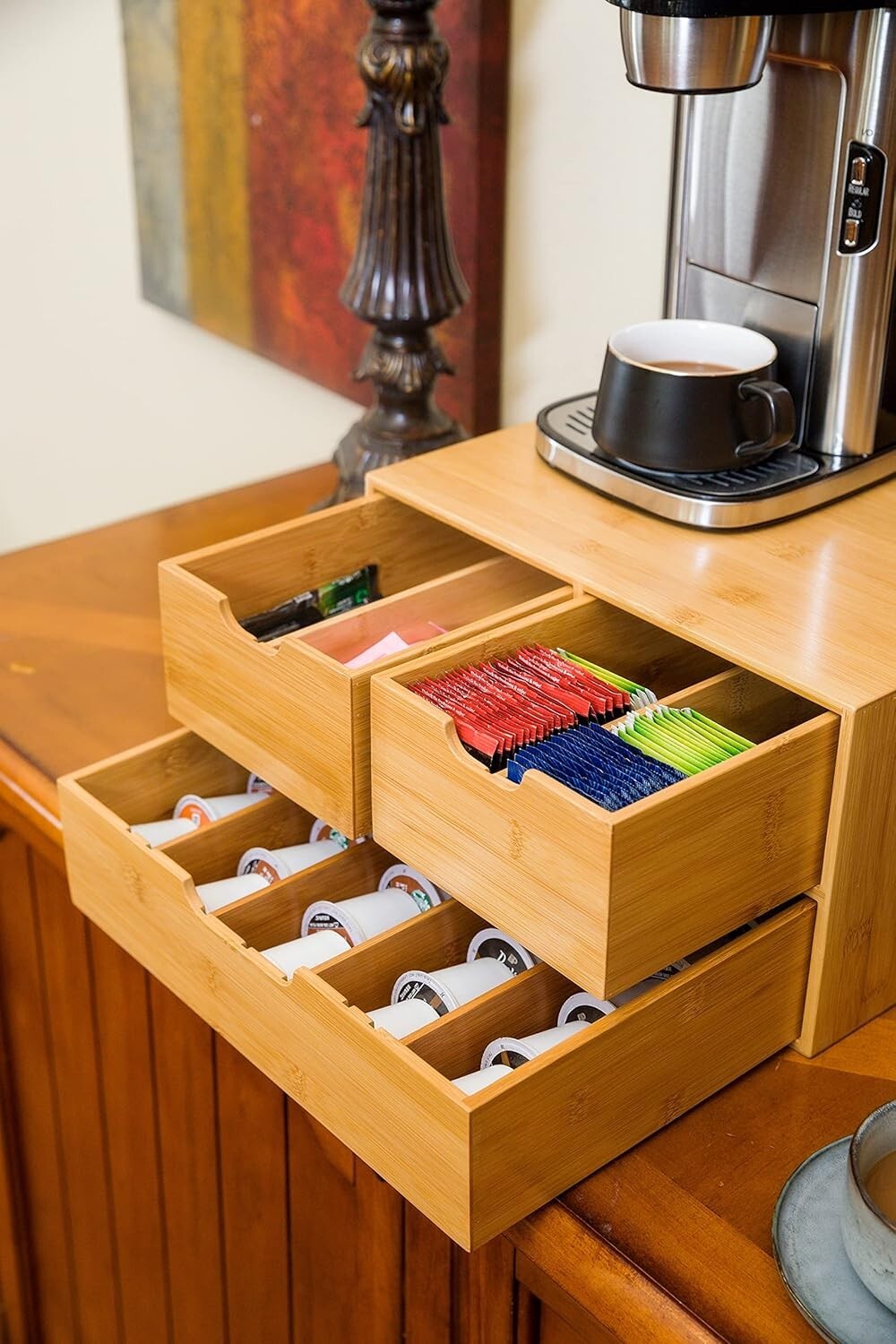 Elegant Extra Large Bamboo Coffee Pod Organizer with Sliding Drawers - 2 Tiers