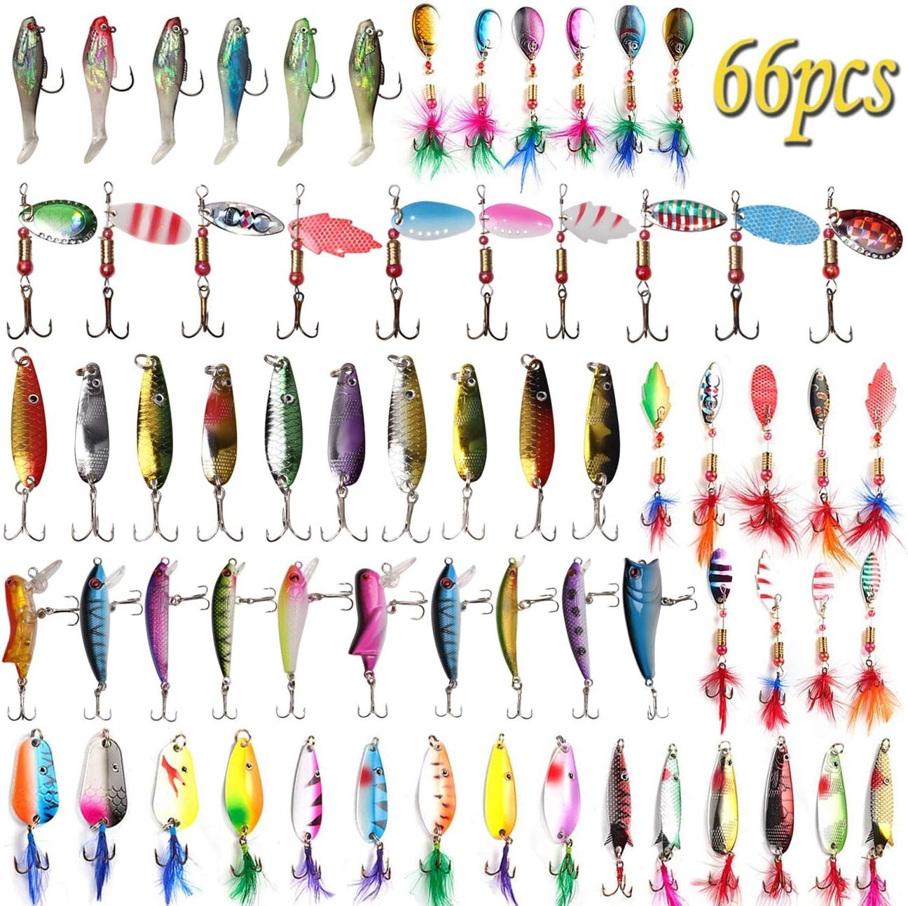 Premium Spinner Baits & Lures Kit Includes 66pcs for Bass, Pike, Trout Fishing