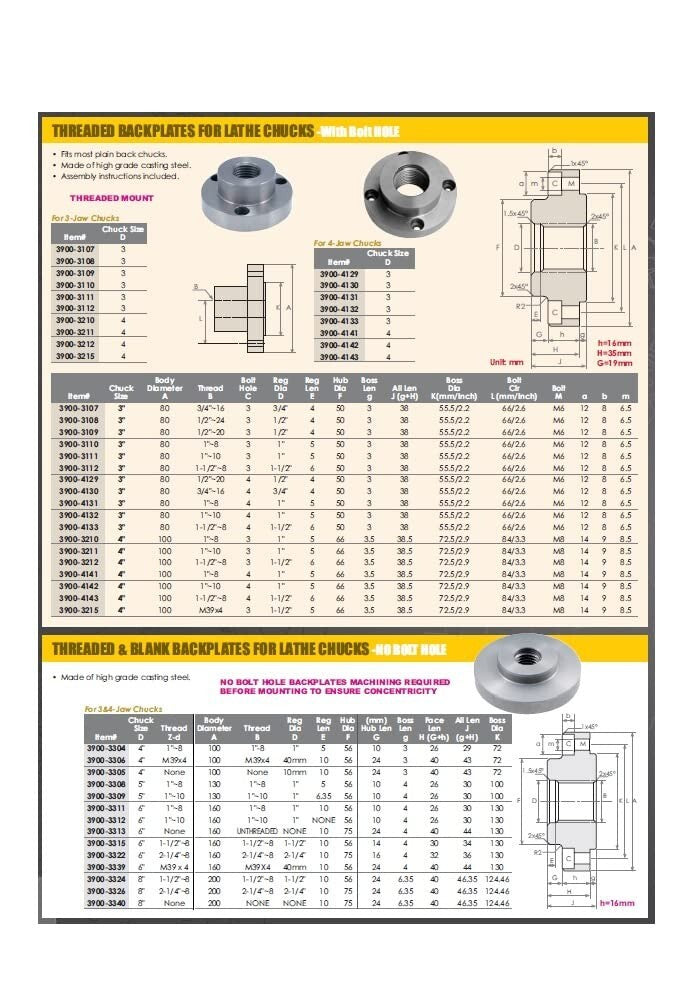 4" 1-10 Threaded Backplate 3-Jaw Chuck - Ideal for Reliable Lathe Performance