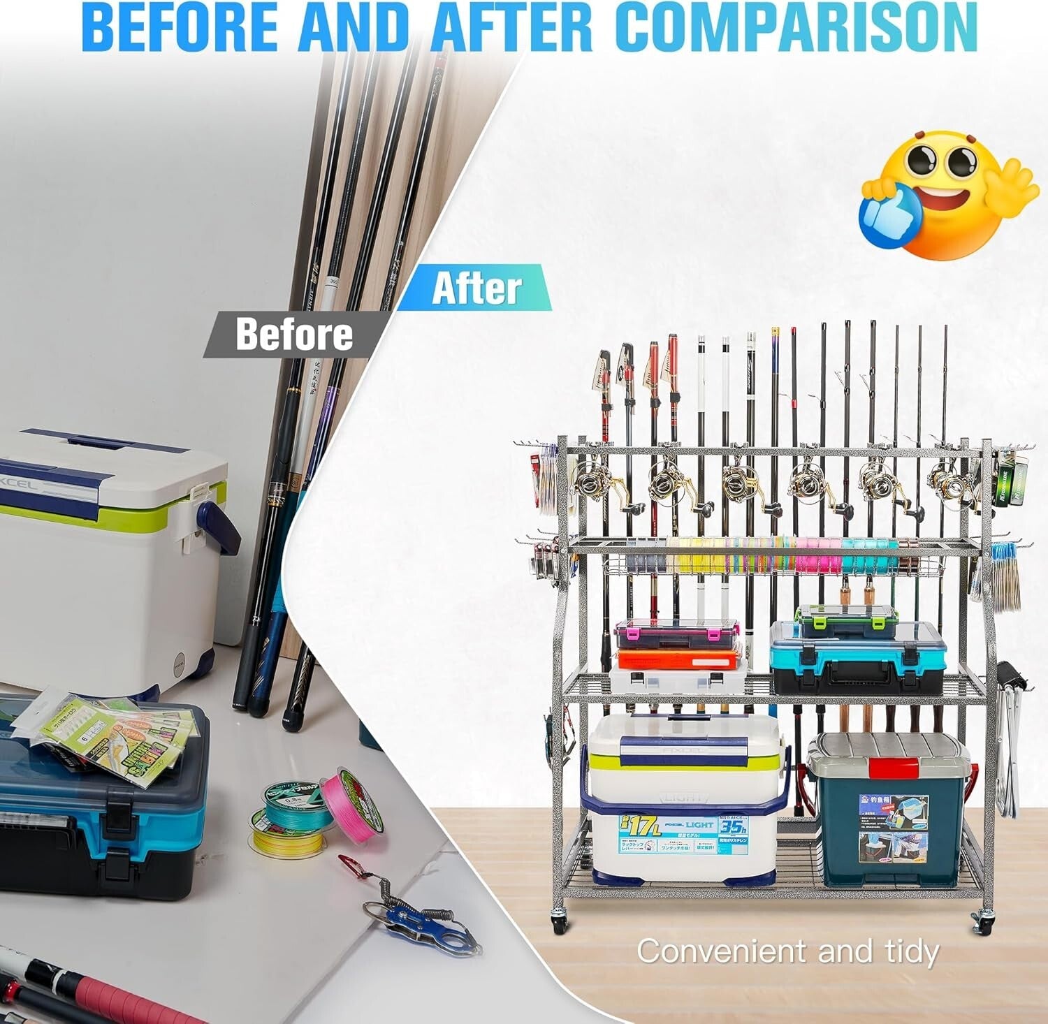 Multi-Functional Fishing Gear Organizer Rack with Smooth Rolling Caster Design