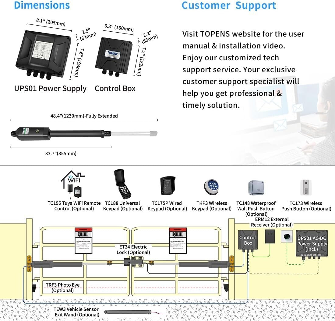 Automatic Dual Swing Gate Motor - 16ft, 550lbs with Remote Control & Solar Ready