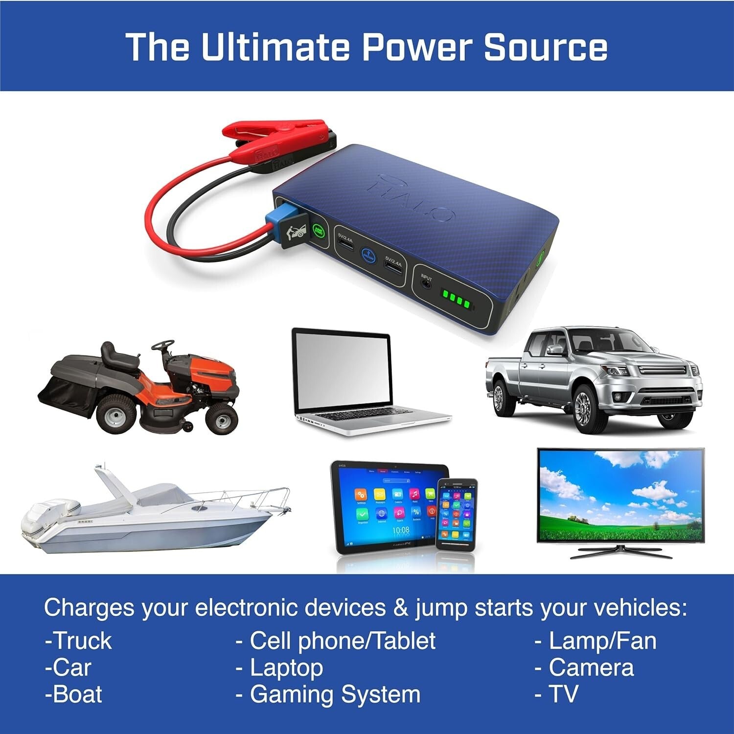 Compact Bolt Car Jump Starter with Emergency Floodlight & USB Charger - Gray
